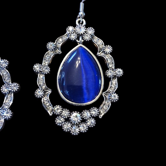 Cobalt Blue Teardrop Surrounded by Rhinestone Drop Earrings - Picture 2 of 8
